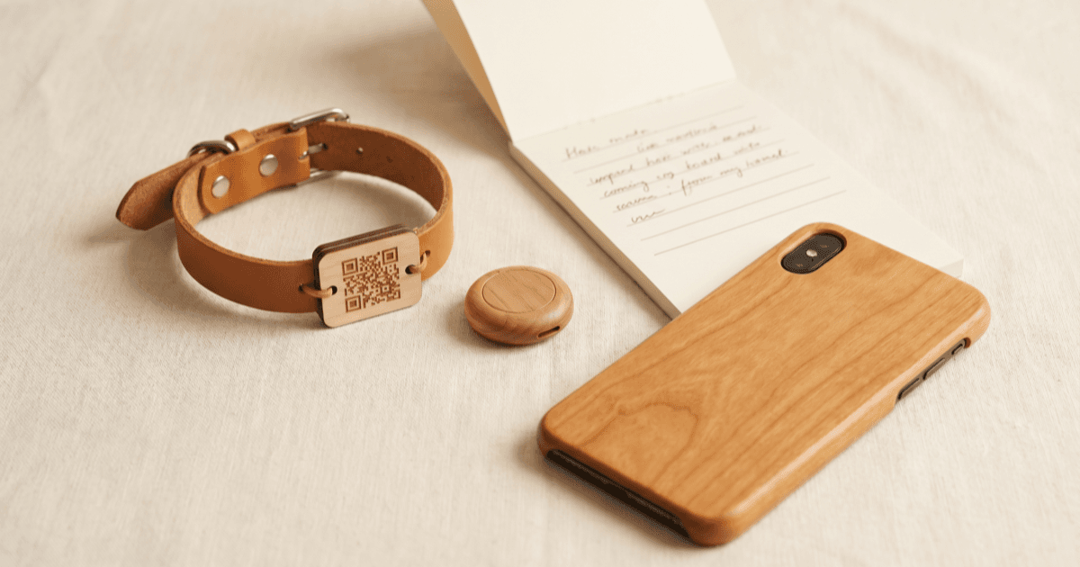 A flat-lay on warm cream linen of a leather pet collar with a blank QR-style tag and a round Bluetooth-tracker-style disc beside it, a folded paper notepad, and a smartphone face-down.
