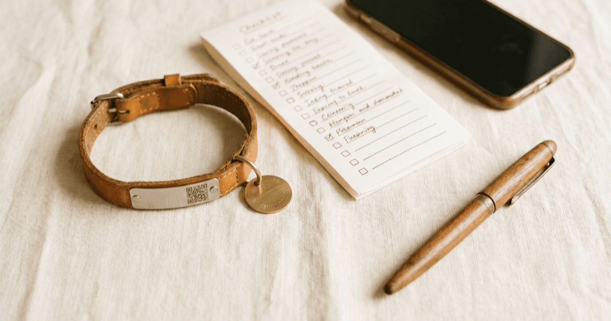 A flat-lay on warm cream linen of a small leather pet collar with a blank QR-style tag and a classic engraved metal disc beside it, a folded paper checklist, a smartphone face-down, and a pen.