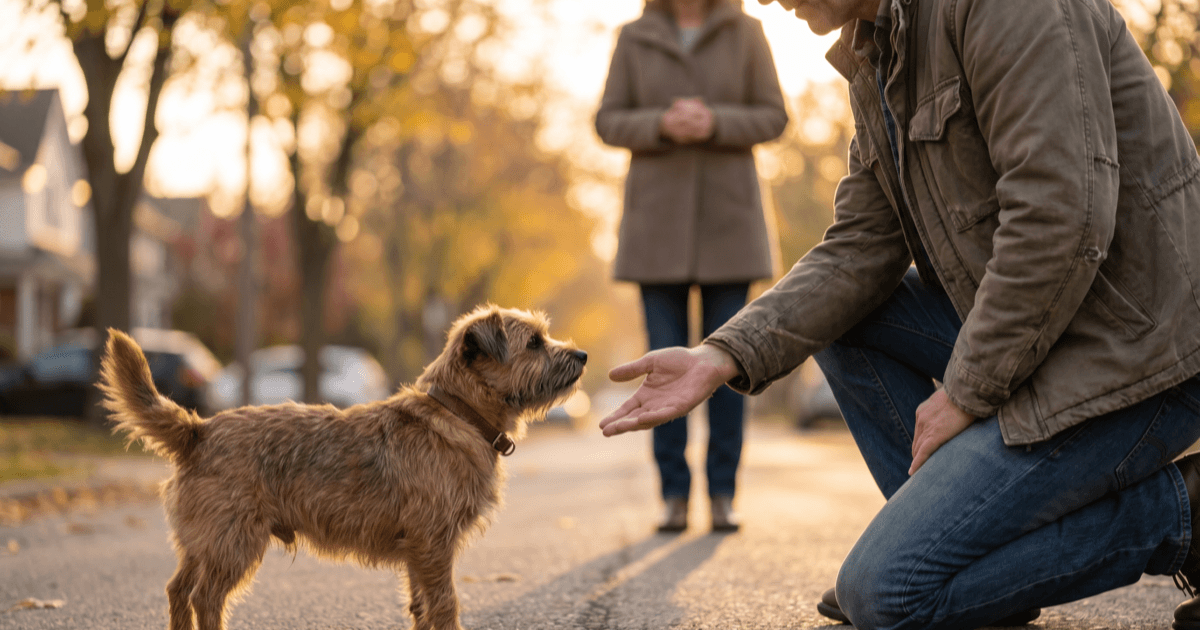 A person kneeling on a quiet residential sidewalk at golden hour, calmly offering an open hand to a small dog while another person stands a few steps back to give space.