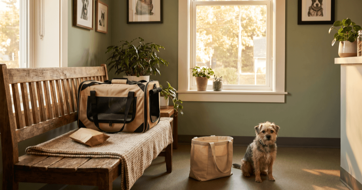 A calm veterinary clinic waiting area with a wooden bench, a soft-sided pet carrier on the bench, a folded paper packet, and a small dog sitting calmly beside a soft fabric tote.