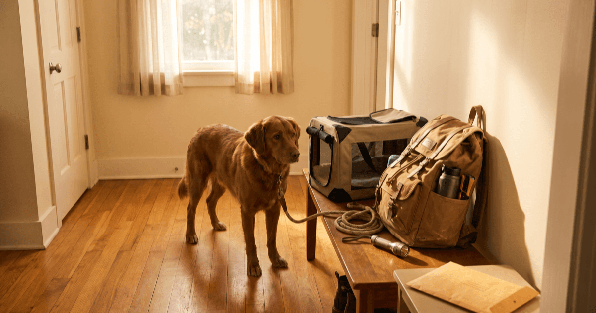 A warm entryway scene with a packed canvas go-bag, soft-sided pet carrier, coiled leash, small flashlight, folded paper packet of records, and a calm medium-sized brown dog standing ready.