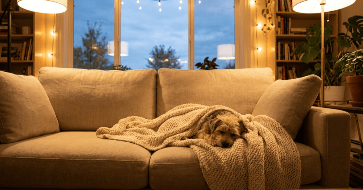 A small dog resting calmly on a soft cream couch in a warmly lit living room at dusk with a soft blanket.