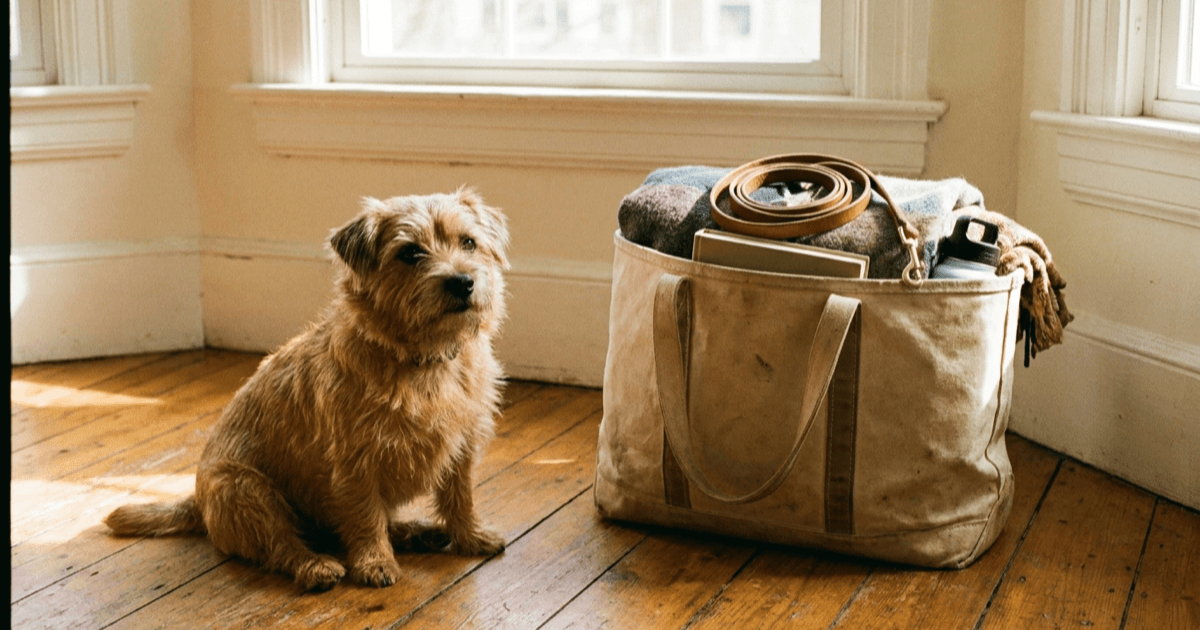 A small dog sitting calmly on a warm wooden floor beside a packed canvas tote bag with a leash coiled on top in soft natural afternoon light.