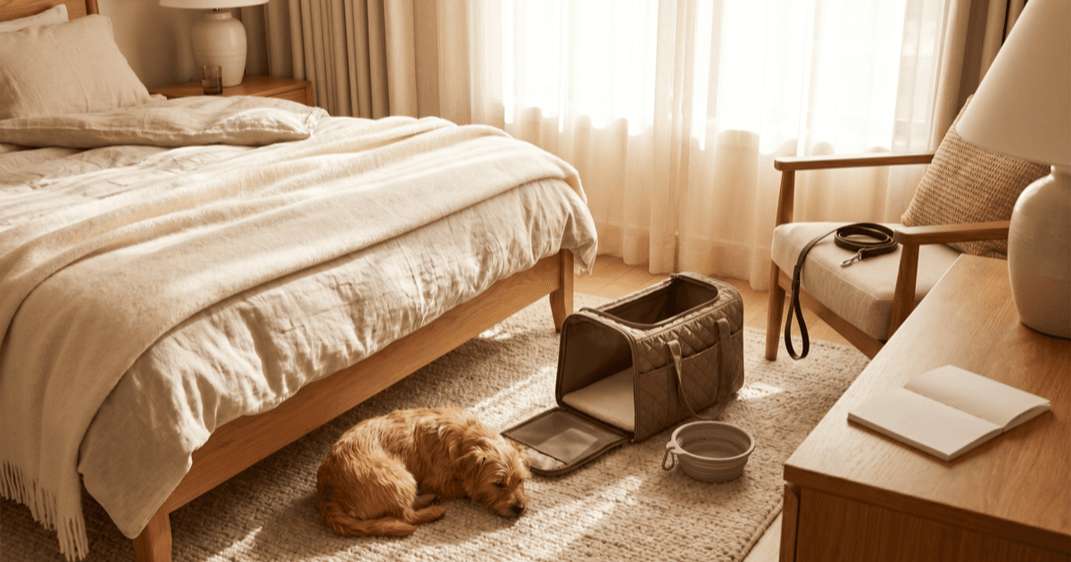 A warm hotel room scene with a soft-sided pet carrier beside a bed, a small foldable water bowl, a coiled leash on a chair, a folded paper notepad on the bedside table, and a calm small dog on a cream blanket.