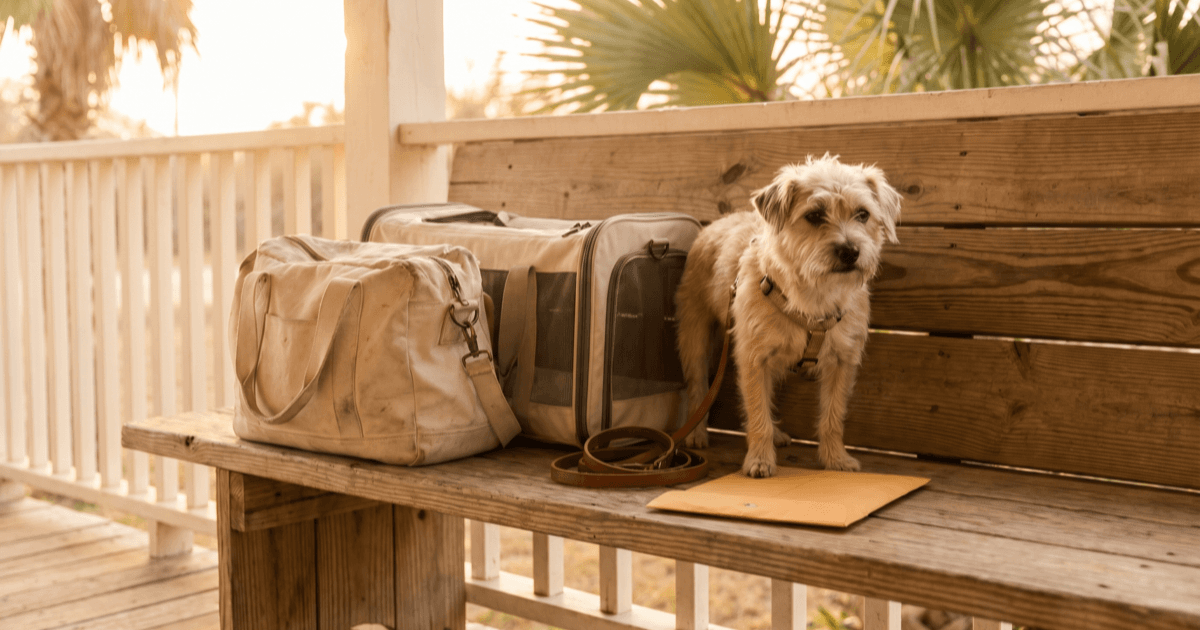 A warm Texas-style residential porch at golden hour with a packed canvas go-bag, a soft-sided pet carrier, a coiled leash, a folded paper packet, palm fronds in the soft-focus background, and a calm small dog standing nearby.