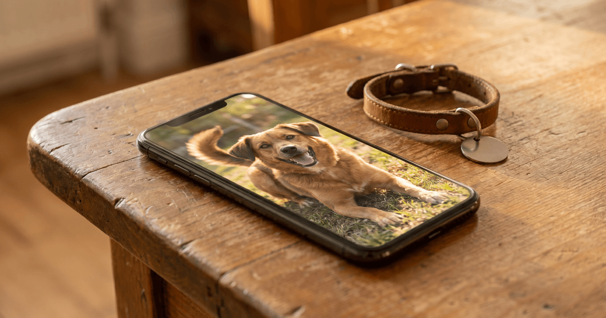 A smartphone resting on a warm wooden table showing a candid photo of a happy brown dog as wallpaper, beside a small leather collar with a blank metal ID tag.