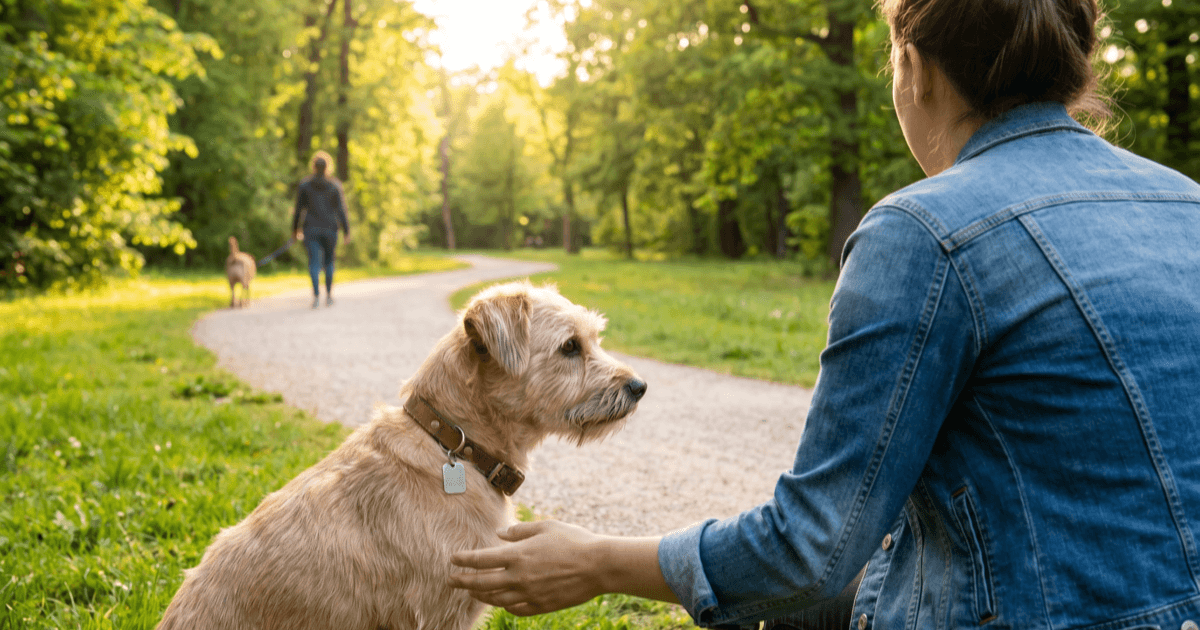 A warm sunlit park scene with a calm small dog wearing a collar with a smart tag, a person kneeling nearby, and another person in the distance walking a leashed pet on a quiet path.