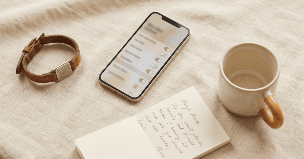 A flat-lay on warm cream linen of a smartphone showing a calm minimal privacy toggle screen, a small leather pet collar with a blank QR-style tag, a folded paper notepad, and a small ceramic mug.