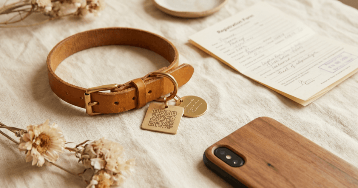 A flat-lay on warm cream linen of a leather pet collar with two tags side by side (one QR-style metal tag and one engraved-blank metal disc), a folded paper registration form, and a smartphone.