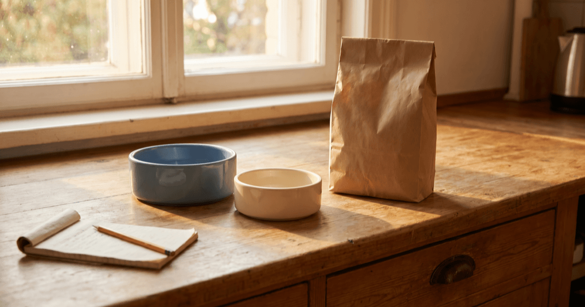 A warm kitchen counter scene of two pet food bowls — one for a dog and one for a cat — beside a generic unlabeled pet food bag and a small notepad on a warm wooden surface.
