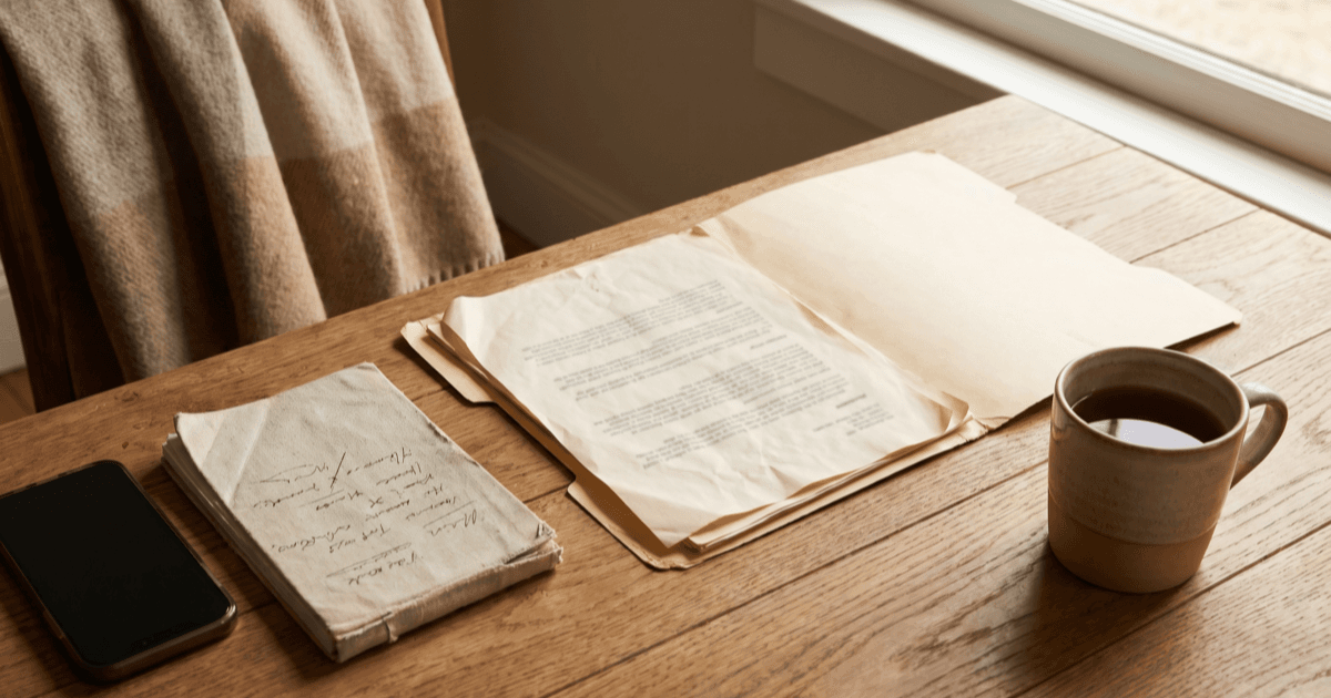 A warm wooden desk with an open small folder containing vaccine record sheets, a folded paper notepad with handwritten notes, a smartphone, and a small ceramic mug of tea.