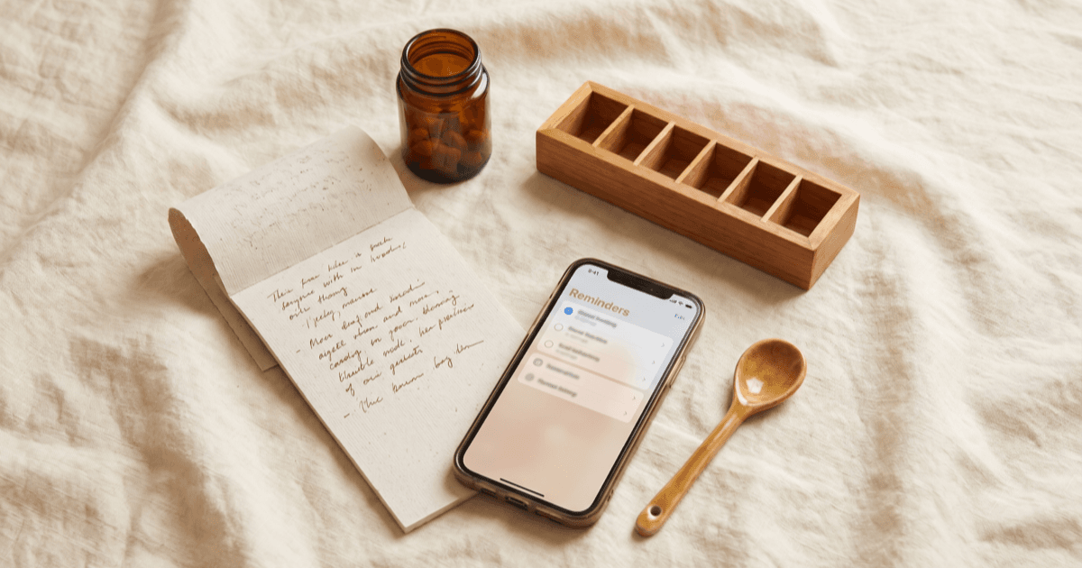 A flat-lay on warm cream linen of a small pill bottle, a small pill organizer, a folded paper notepad with handwritten medication notes, a smartphone showing a reminders screen, and a small ceramic spoon.