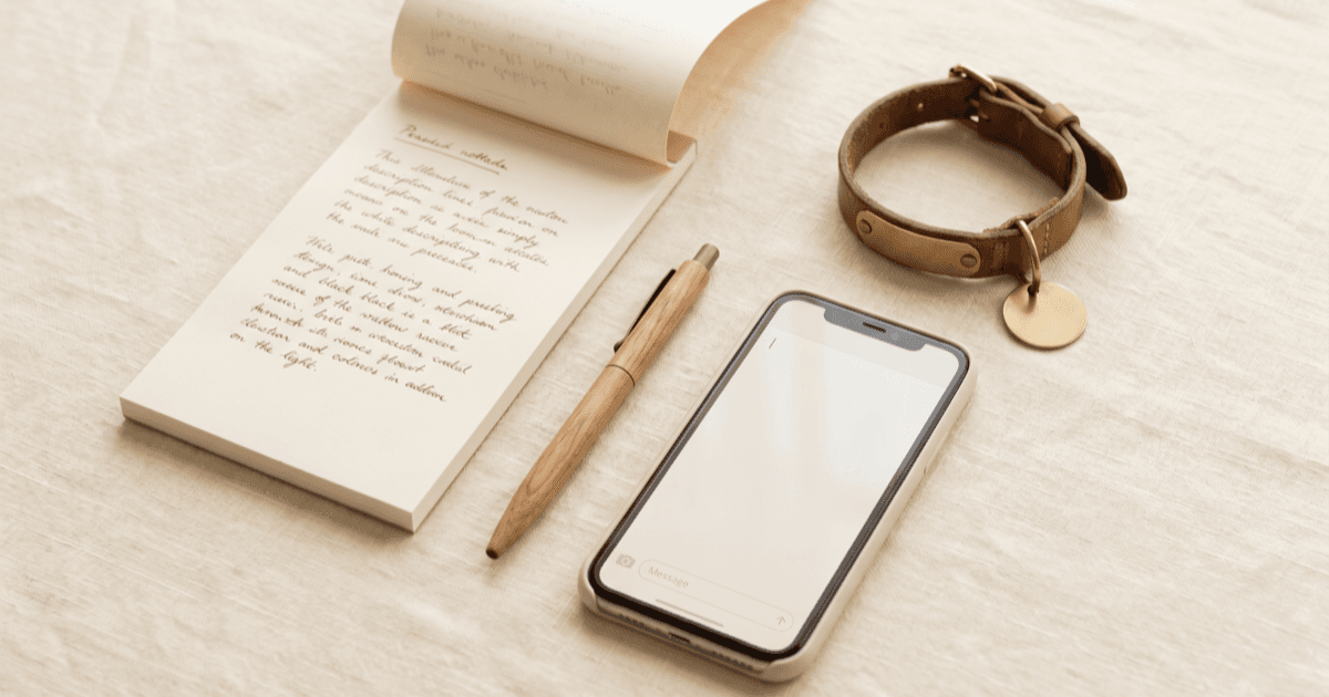 A flat-lay on warm cream linen of a folded paper notepad with handwritten descriptive lines, a pen, a smartphone showing a minimal text-entry screen, and a small leather collar with a blank tag.