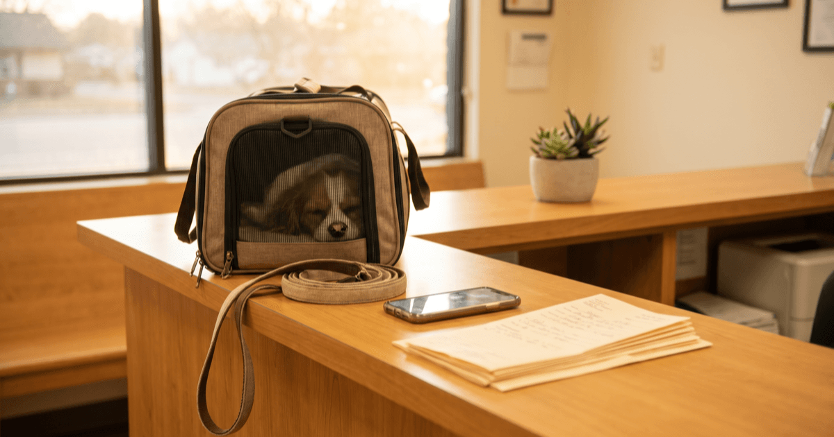 A calm veterinary emergency waiting room counter at golden hour with a smartphone face-up beside a folded paper packet of vaccine record sheets, a coiled leash, and a soft-sided pet carrier with a calm dog inside.