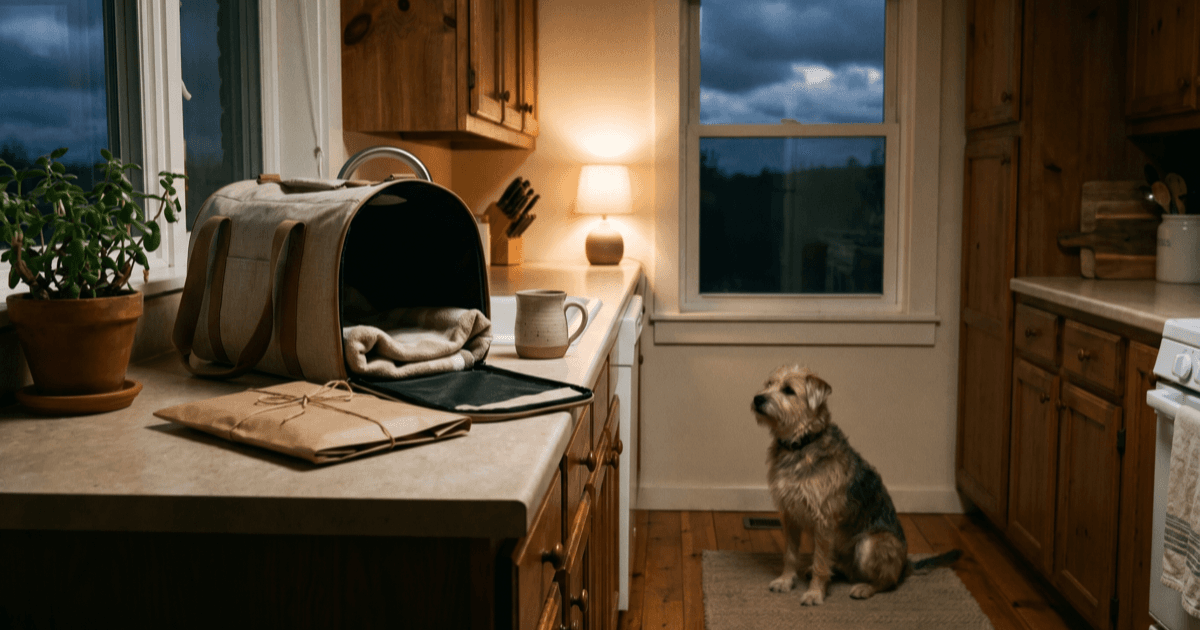 A quiet kitchen counter with a small pet carrier, a folded paper packet, a calm small dog sitting nearby, and a darker window suggesting evening clouds outside.