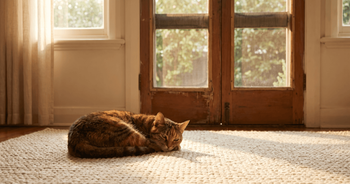 A calm domestic tabby cat sitting indoors near a softly closed door with screened windows in the background and warm natural light from a side window.