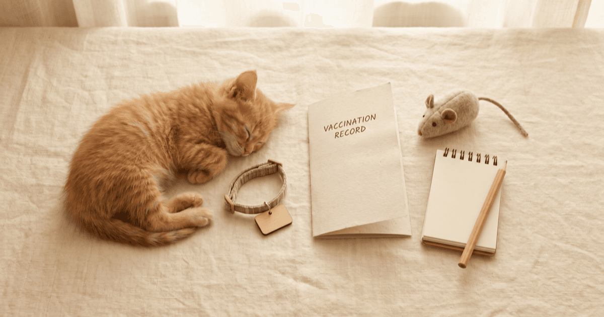 A flat-lay on warm cream linen of a small fluffy kitten resting near a tiny collar with a blank tag, a folded vaccine record sheet, a small soft toy, and a paper notepad.