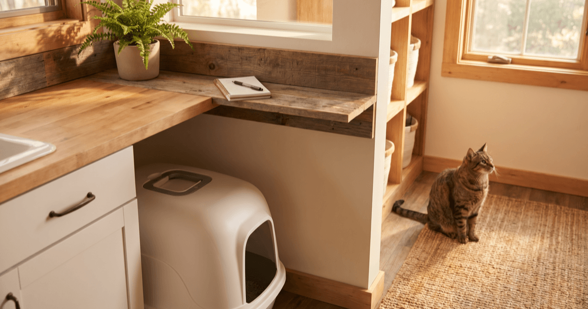 A tidy domestic laundry-room corner with a clean covered cat litterbox, a small notepad on a nearby wooden ledge, and a calm tabby cat sitting at a respectful distance.