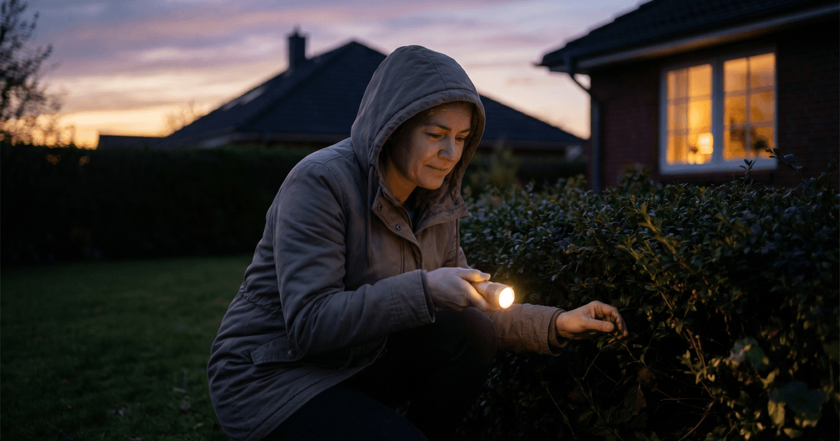 A person crouched outdoors at dusk, gently shining a small flashlight into the hedges along a quiet residential yard.