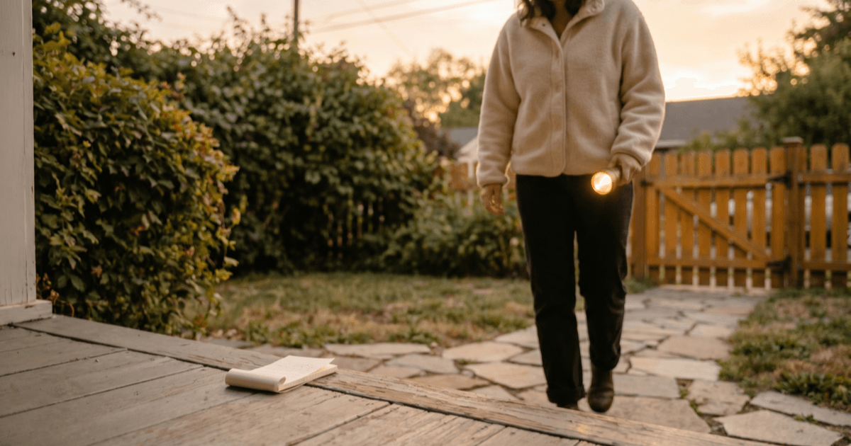 A calm residential front yard at golden hour with a person quietly walking the perimeter holding a flashlight at hip height, leafy hedges and a wooden fence in the soft-focus background.