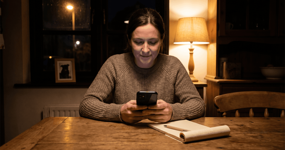 A pet owner sitting at a warm kitchen table at night, calmly using their phone and a notepad to organize a lost-pet search.