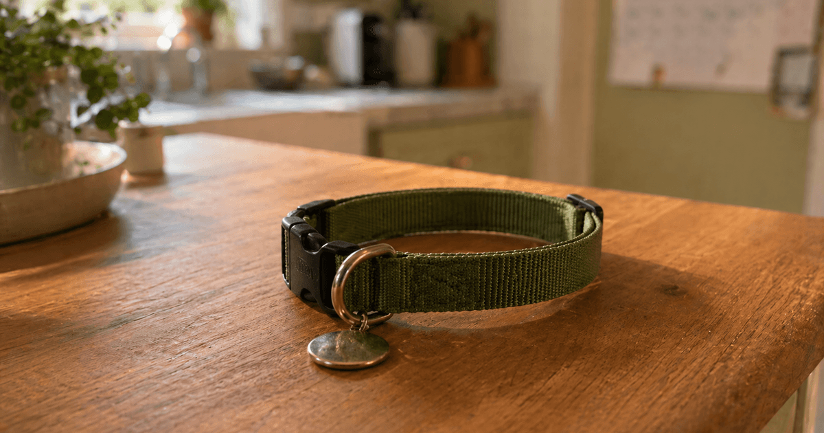 A green pet collar with a small metal tag resting on a warm wooden kitchen counter in soft late-afternoon light.