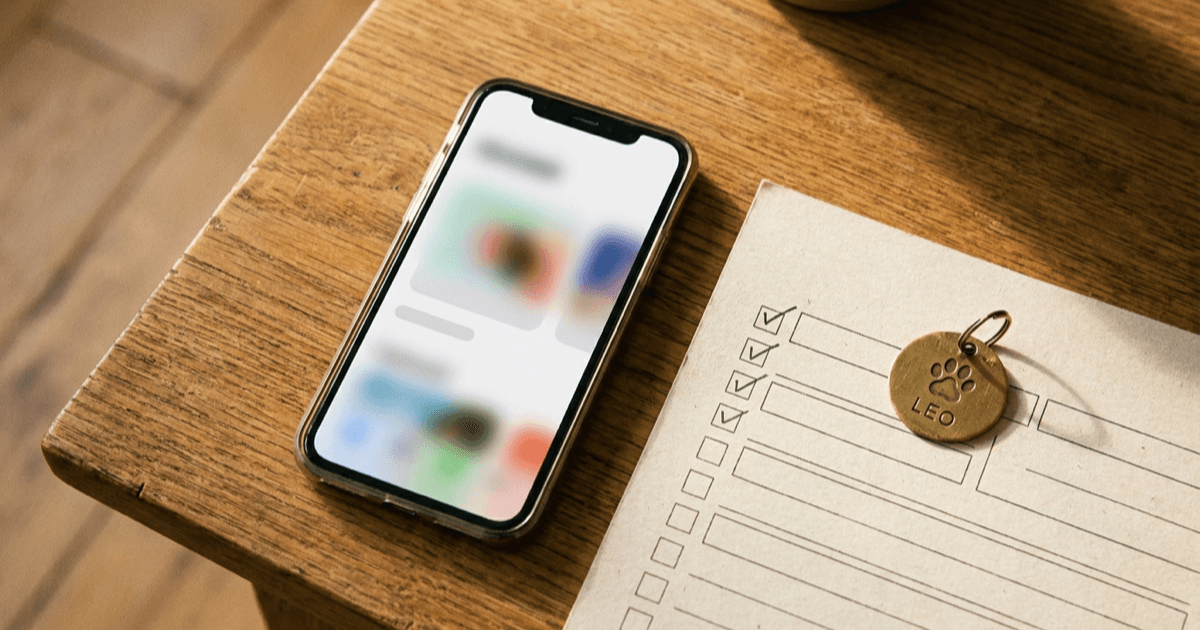 A flat-lay on a warm wooden surface with a smartphone, a paper form, and a small pet ID tag in warm light.