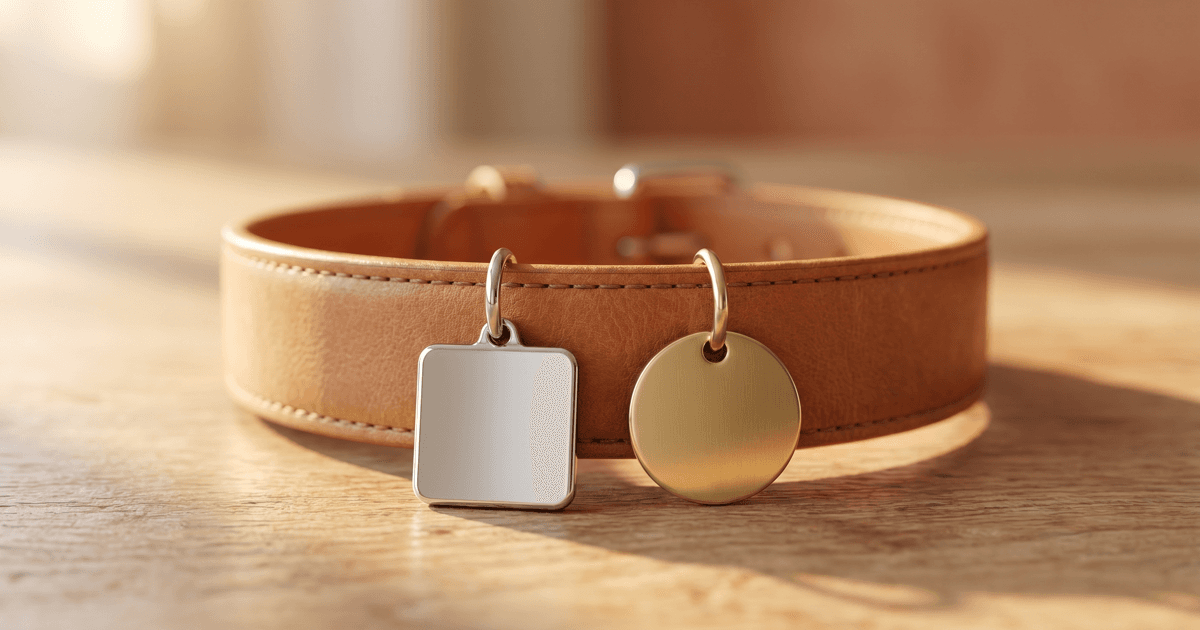 A leather pet collar carrying a small QR-style smart tag and a classic engraved metal ID tag, photographed in warm golden-hour light.