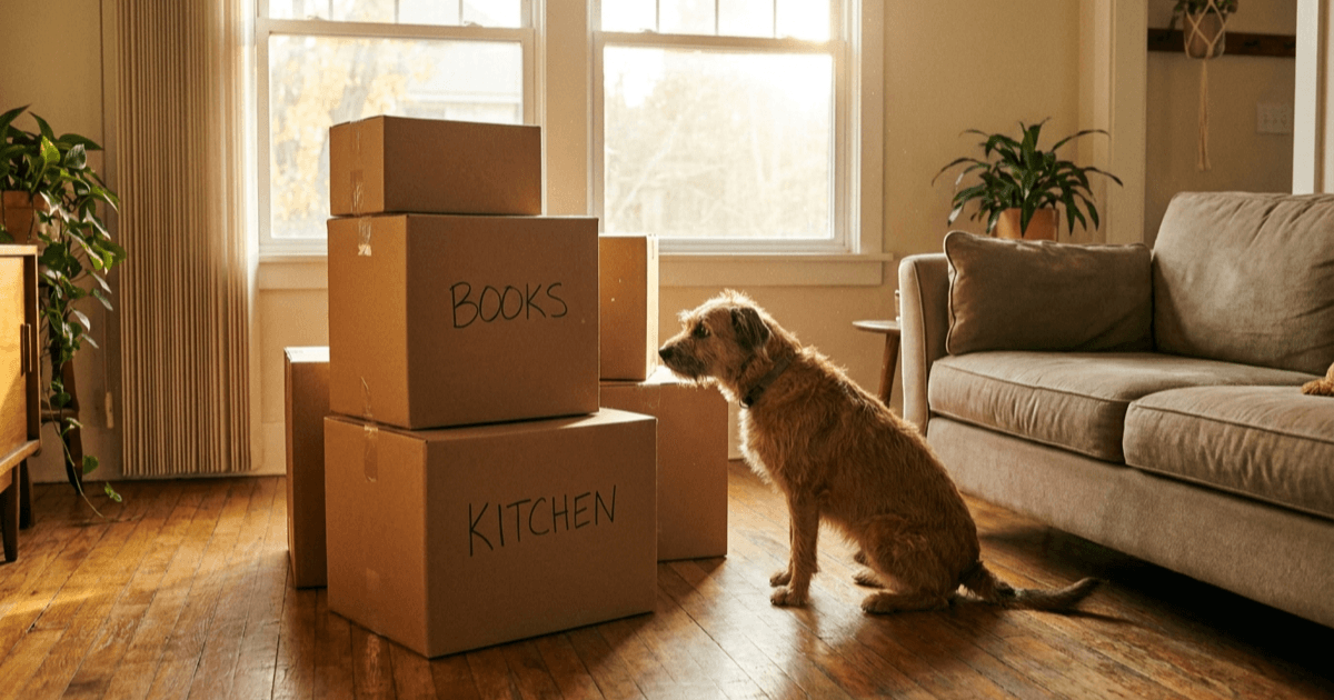 A few moving boxes neatly stacked in a sunlit living room with a curious medium-sized brown dog sitting beside them.