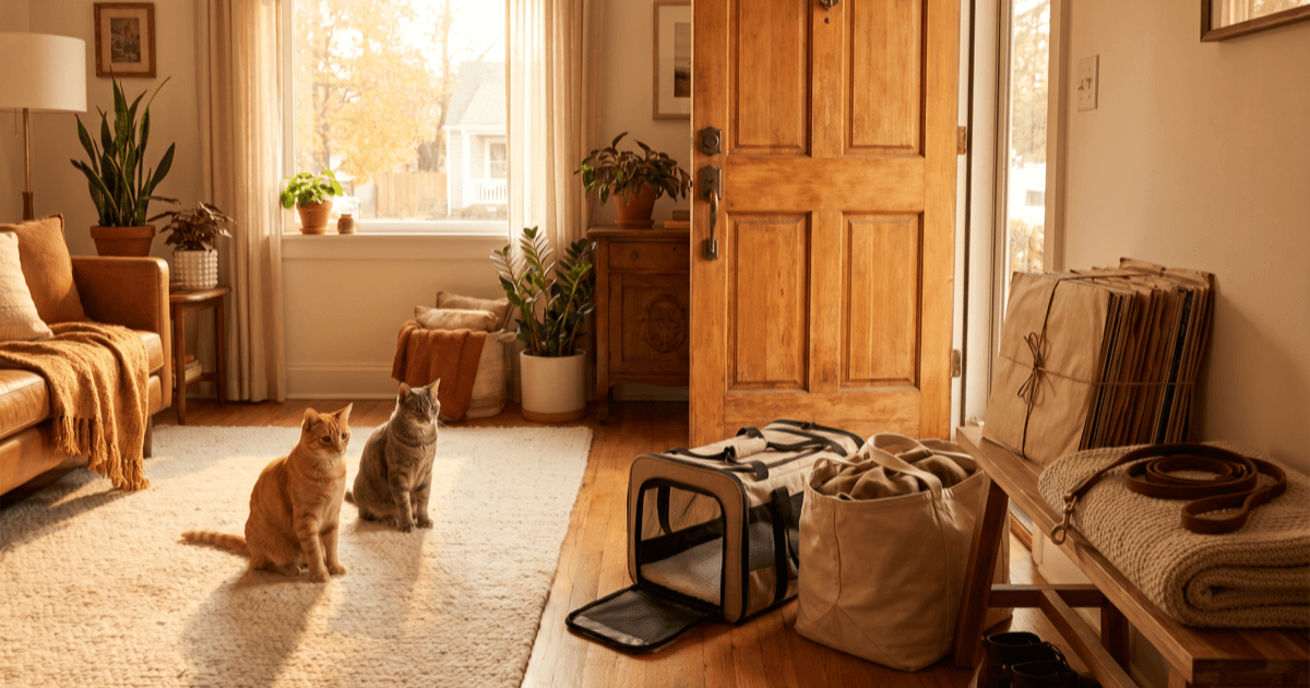 A warm living room scene at golden hour with two carriers prepared near a wooden front door, a packed canvas tote, a folded paper packet of records, a coiled leash, and two calm tabby cats sitting calmly on a soft cream rug nearby.