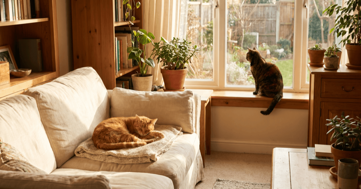 Two calm domestic cats in separate parts of a sunlit living room — one on a soft cream couch, the other on a windowsill across the room.