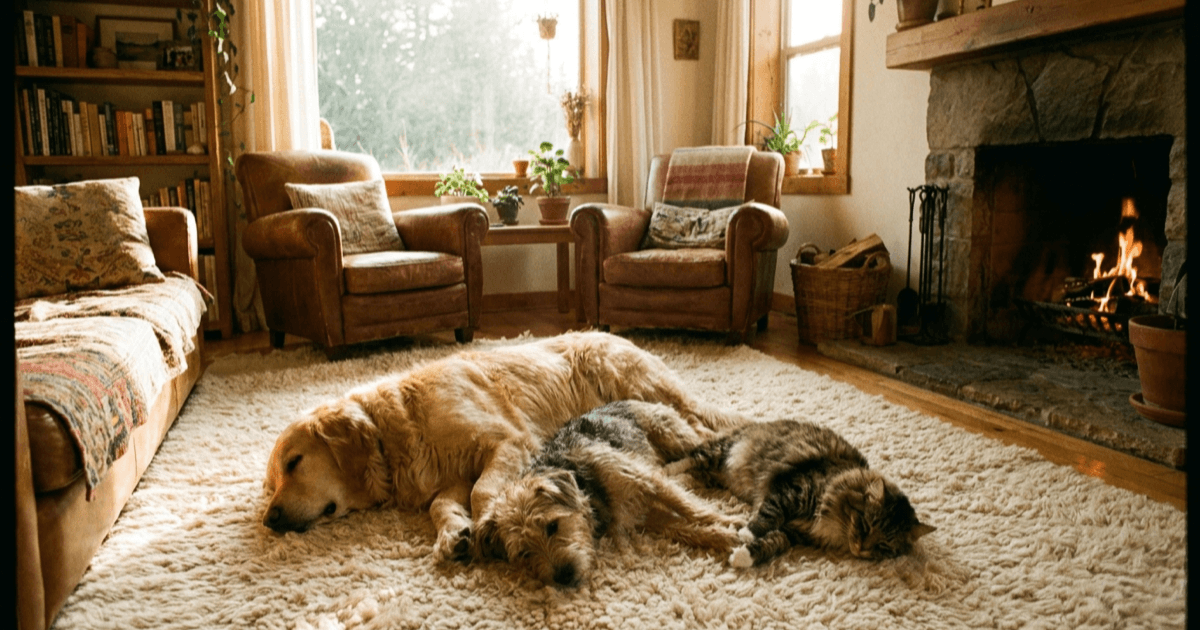 A warm living room with two dogs and a cat resting comfortably together on a cream rug in soft afternoon light.