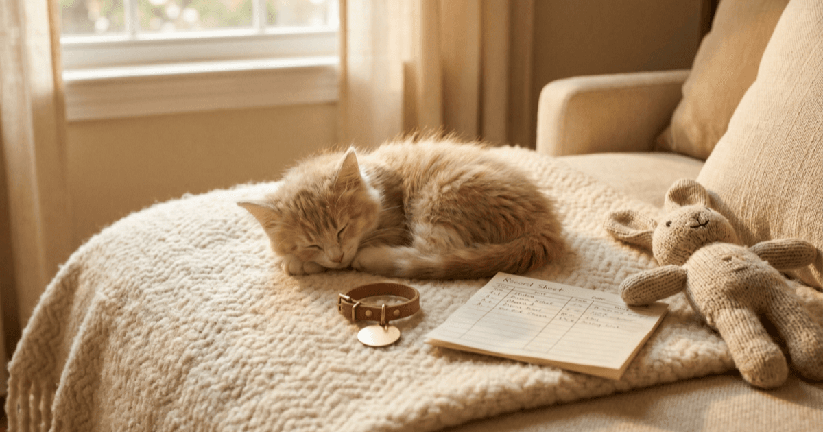 A small fluffy kitten on a soft cream blanket beside a tiny collar with a small blank tag, a folded record sheet, and a stuffed toy.