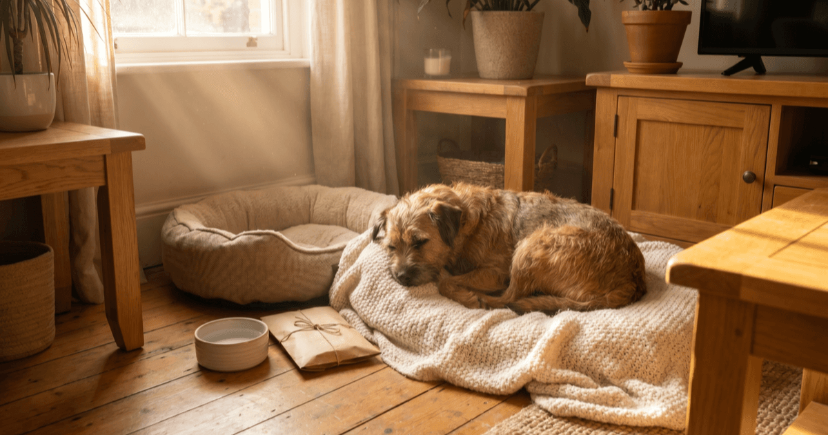 A calm medium-sized brown rescue dog resting on a soft cream blanket in a quiet sunlit corner with a folded paper packet, a water bowl, and a small bed nearby.