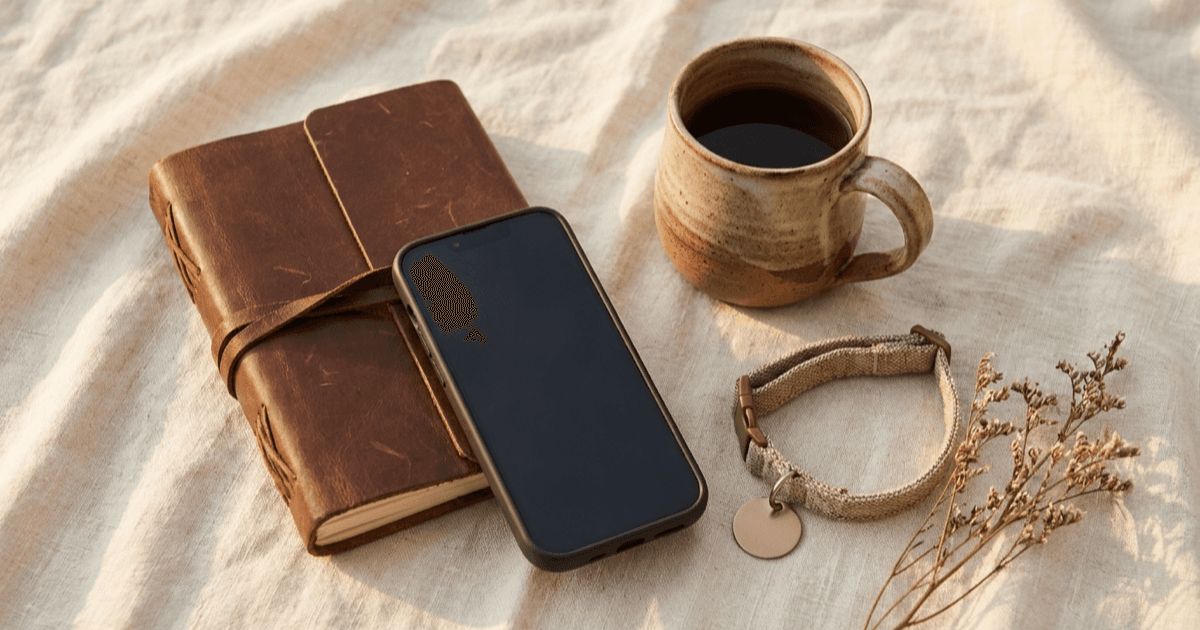 A flat-lay on warm cream linen of a small binder, a smartphone, a pen, and a few printed pages in soft natural light.