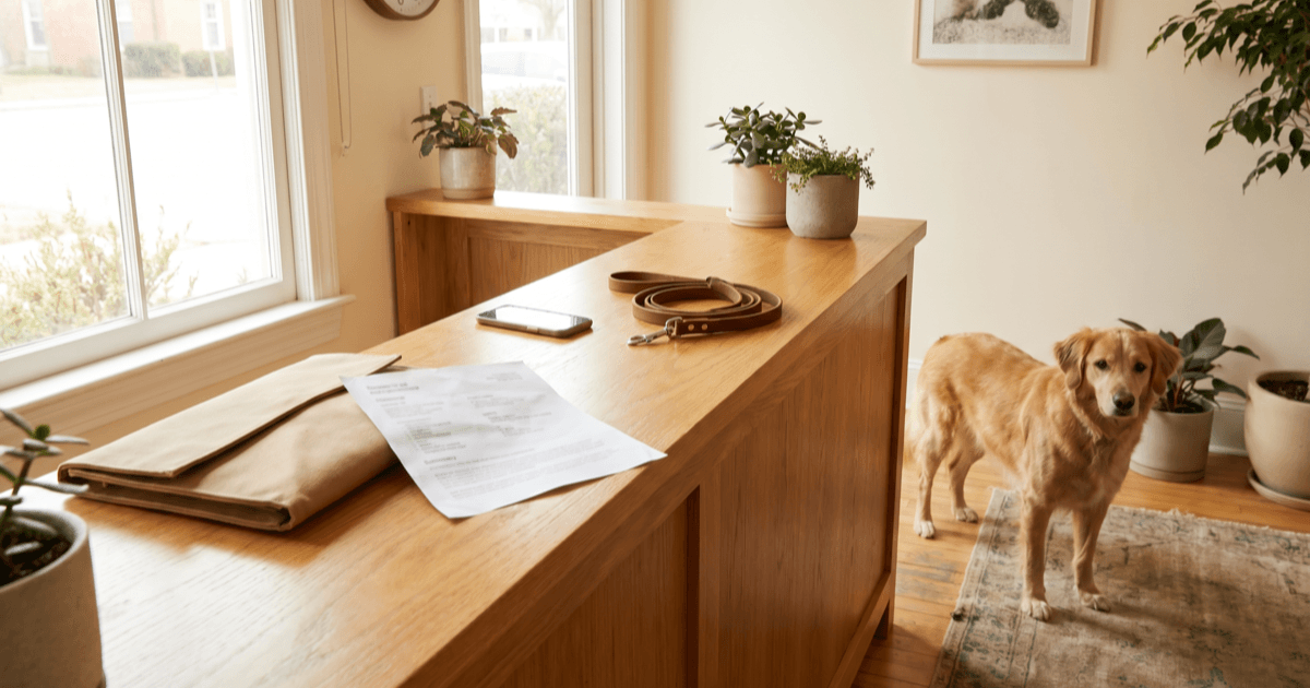 A warmly lit care counter with a small folder, a printed vaccine summary, a smartphone, and a leash, with a calm dog standing patiently to the side in soft natural light.