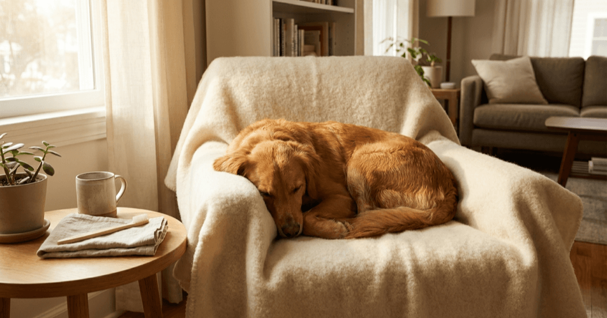 A small dog resting calmly on a soft cream blanket in a warmly lit living room with a folded notepad nearby.