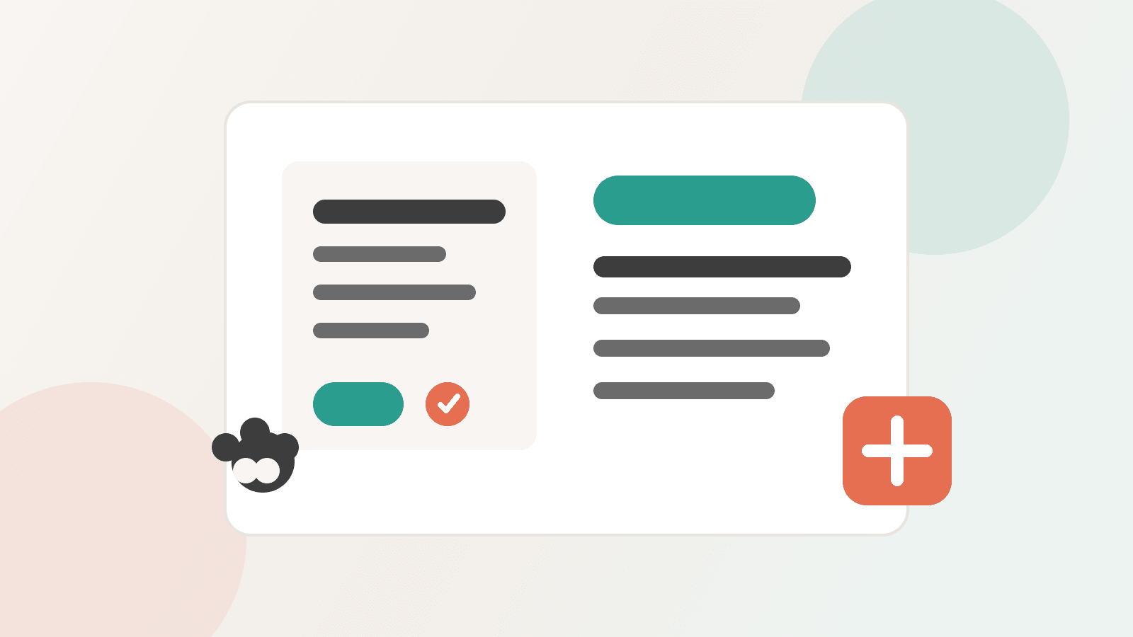 An illustrated pet emergency card with checklist lines, a contact button, a paw mark, and a medical cross on a warm neutral background.