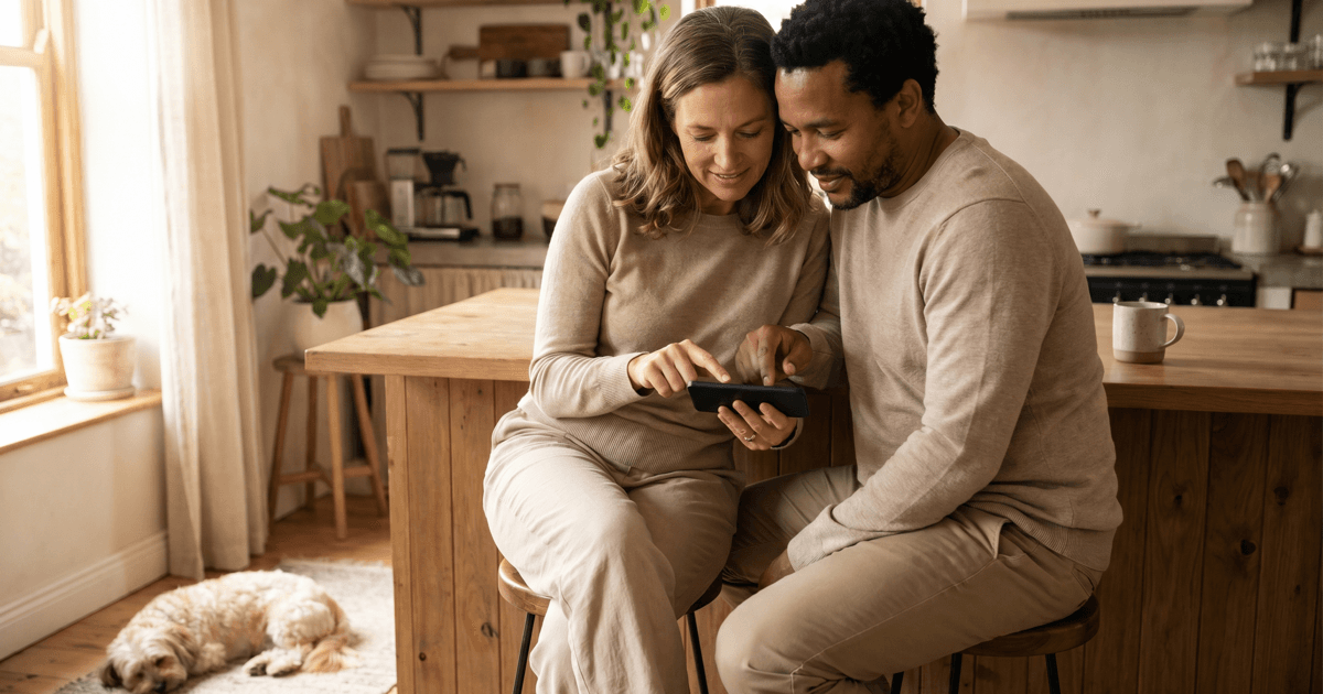 Two adults in a warm kitchen calmly looking at a phone together, coordinating a backup plan, with a small dog resting on the floor nearby.