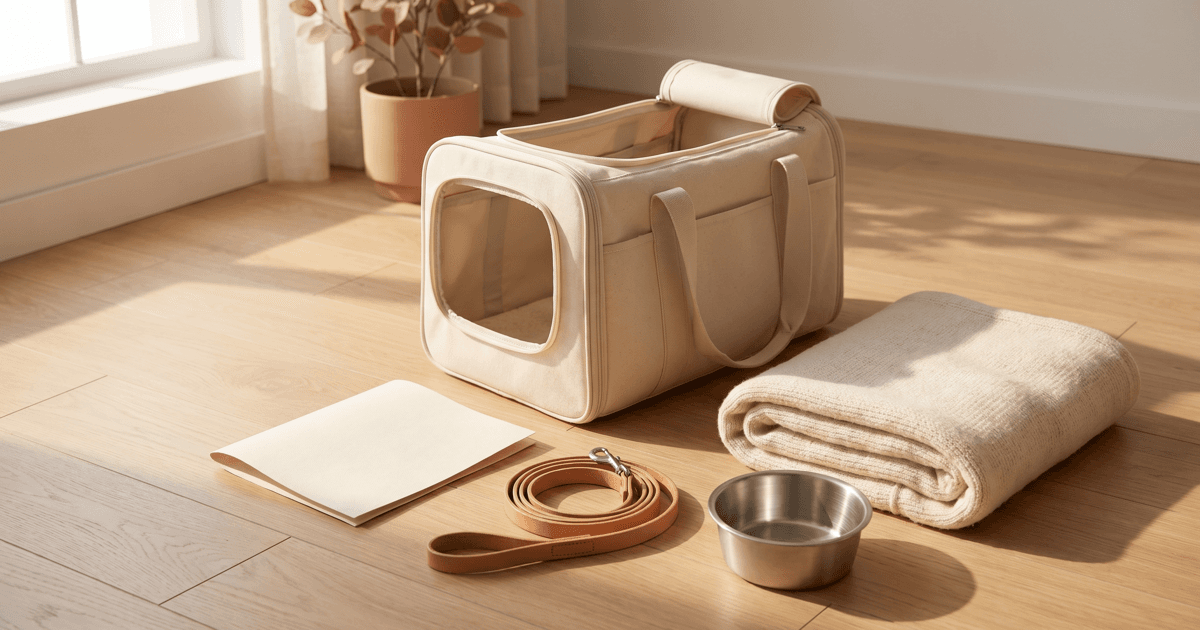 A soft-sided pet carrier bag, half-open on a wooden floor, arranged with a folded paper document, a coiled leash, and a small water bowl.
