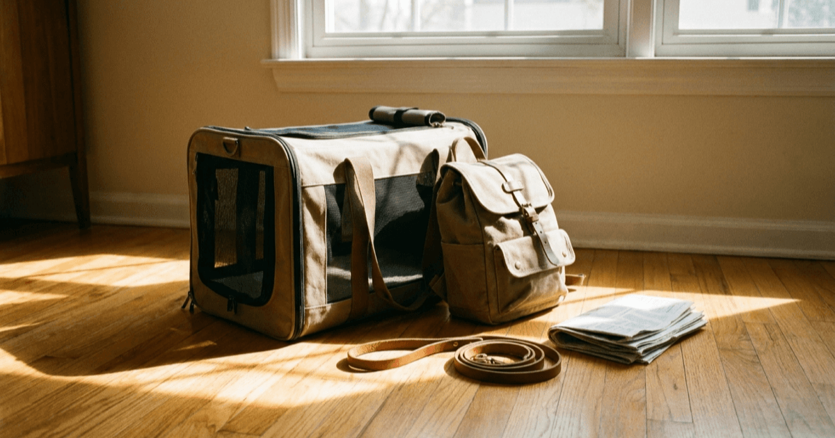 A soft-sided pet carrier and a small packed go-bag on a warmly lit hardwood floor with a leash and folded paperwork nearby.