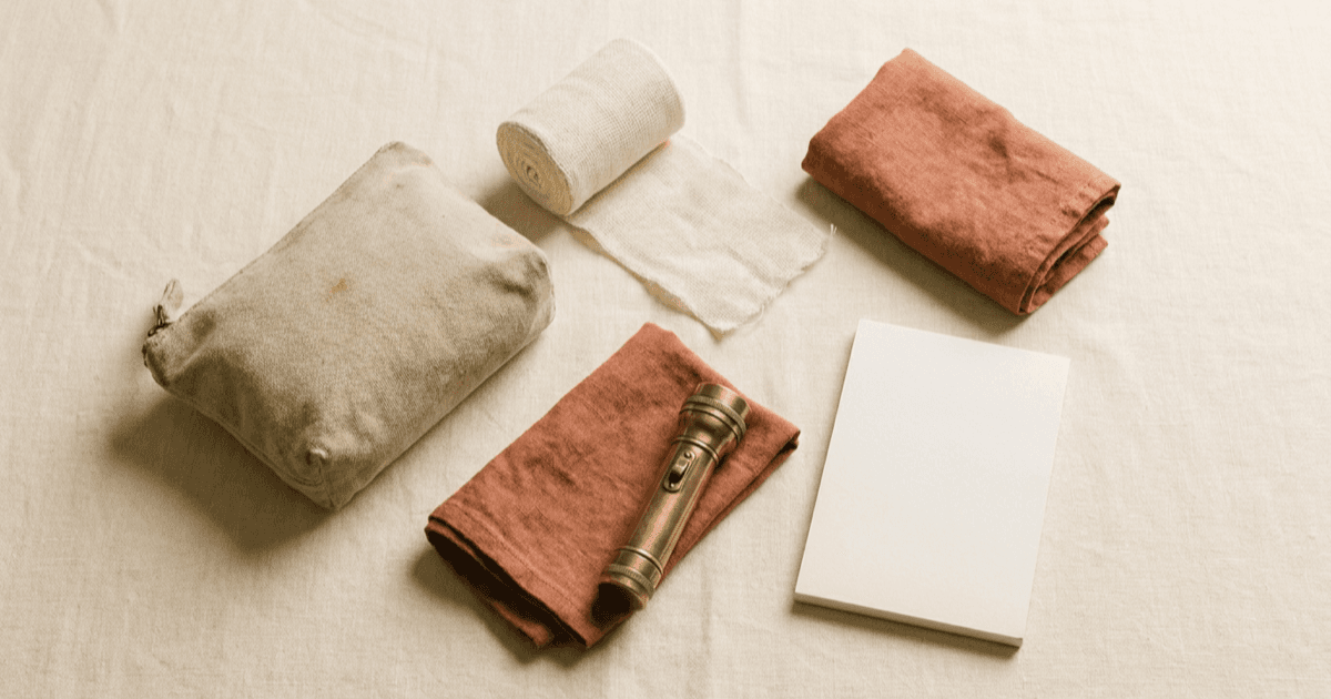A flat-lay on warm cream linen of a small canvas pouch, a roll of gauze, a folded cloth, a small flashlight, and a paper notepad.