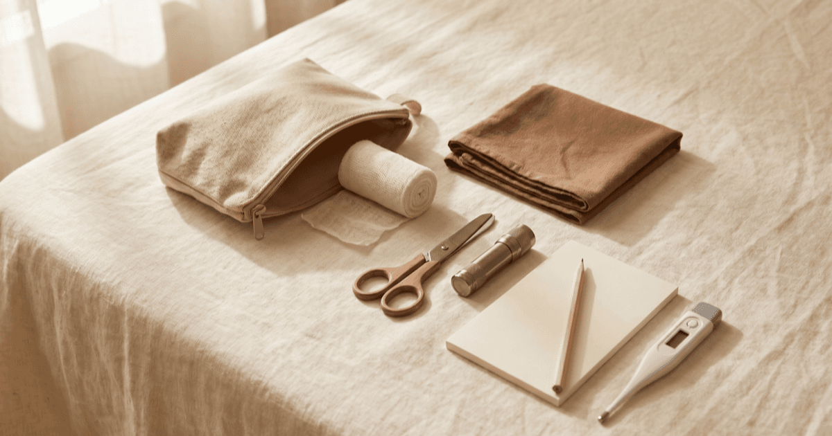 A flat-lay on warm cream linen of a small canvas pouch with a roll of gauze, folded cloth, blunt-tipped scissors, a small flashlight, a paper notepad, and a digital thermometer.