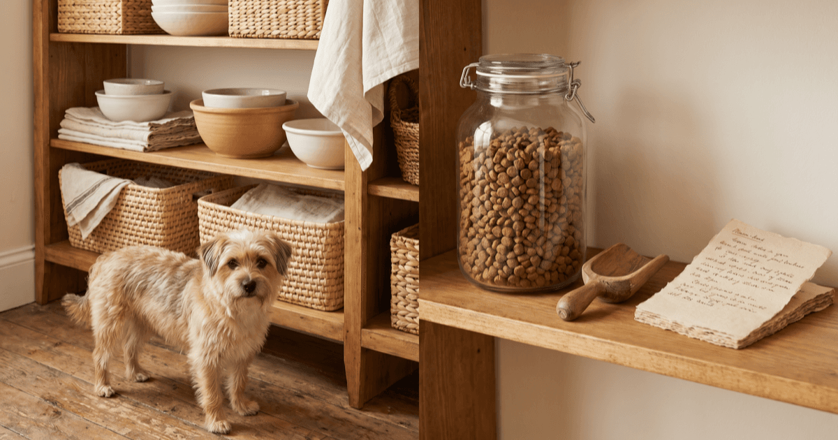 A warm pantry shelf scene with a sealed clear glass container of dry pet kibble, a small wooden scoop, a folded paper notepad with handwritten storage notes, and a calm small dog on the floor in front.