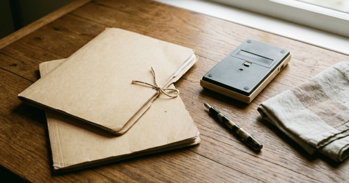 A flat-lay on a warm wooden surface of a folder, a few printed receipts, a laptop edge, and a coffee mug in soft natural light.