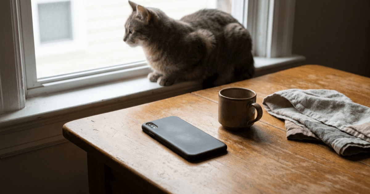 A flat-lay on warm cream linen of a smartphone showing a calm settings screen beside a closed folder and a pen in soft natural light.
