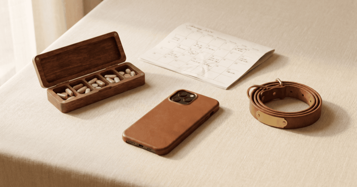 A flat-lay on warm cream linen of a small pill organizer, a folded paper calendar with handwritten notes, a smartphone, and a small pet collar with a blank tag.