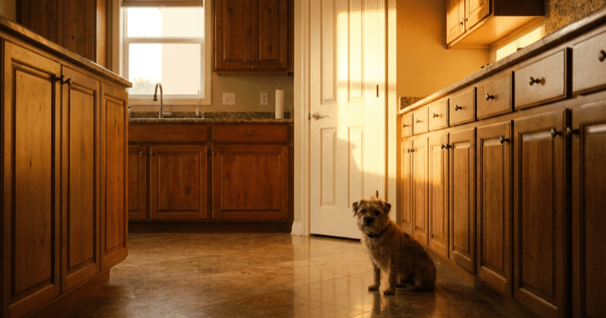 A warmly lit kitchen counter with a small dog watching from a tiled floor, fresh produce in a basket and a closed pantry door in soft afternoon light.