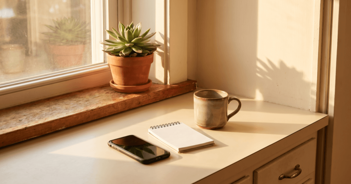 A calm kitchen counter at golden hour with a smartphone face-down beside a small notepad, a ceramic mug, and a houseplant on a wooden windowsill.