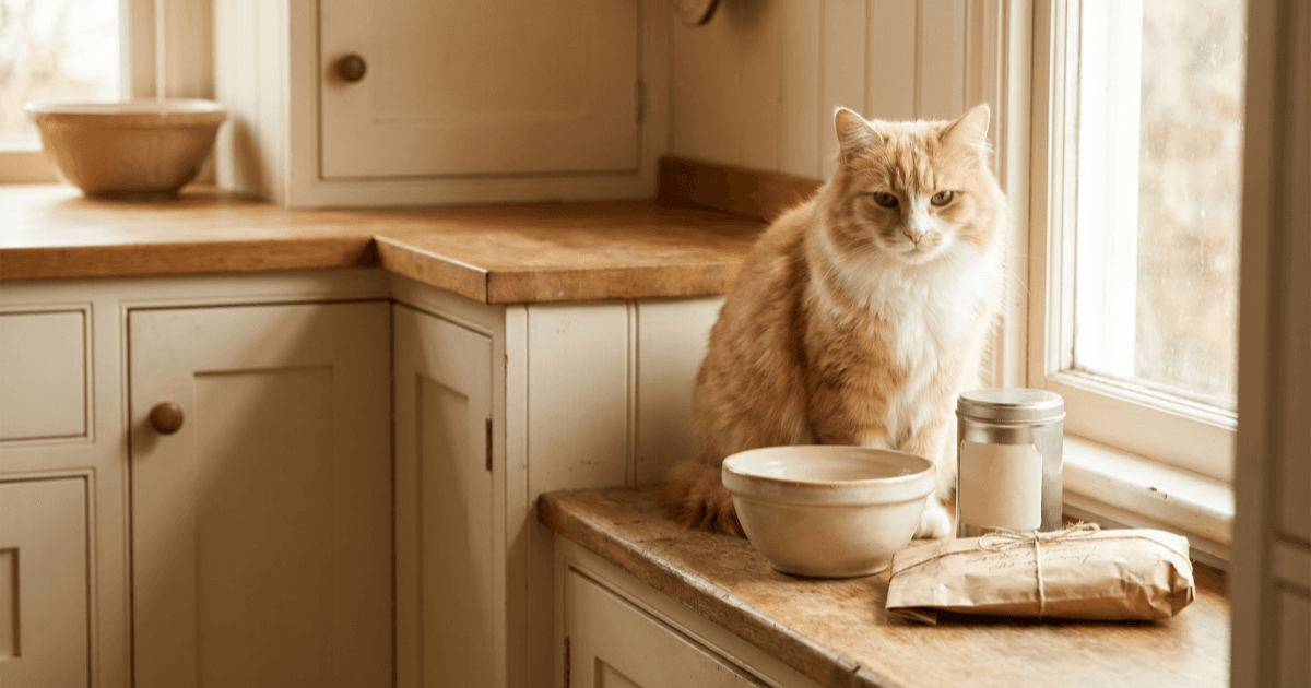 A warm kitchen counter scene with a small unlabeled prescription-style pet food can, a clean ceramic bowl, a folded paper packet, and a calm cat sitting on a wooden ledge nearby.